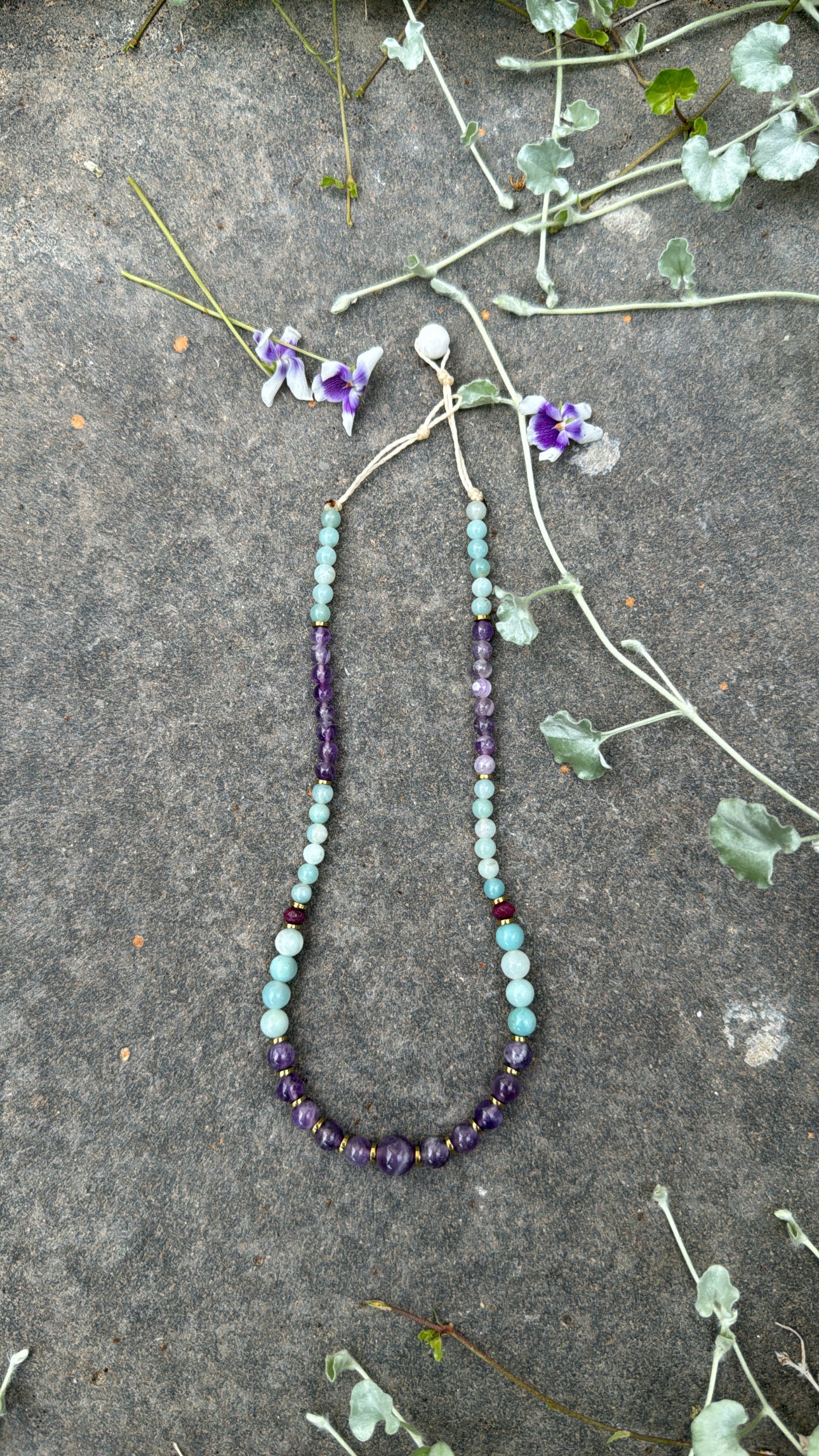 Amethyst Center Necklace With Amazonita & Ruby