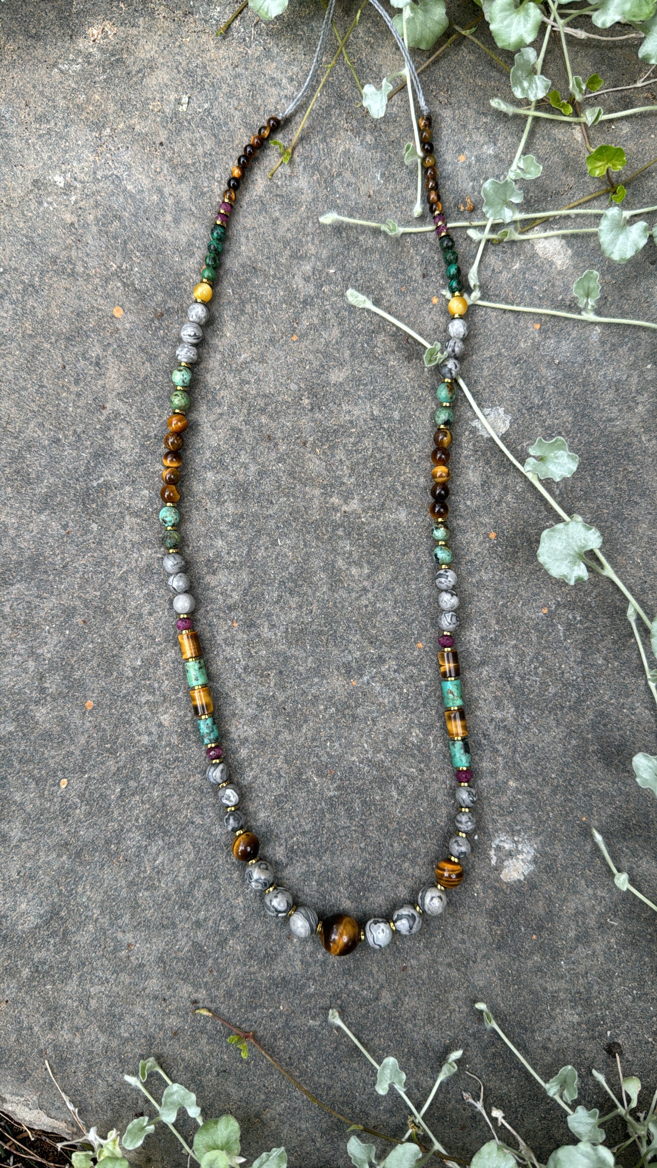 tiger eye center necklace combined with Jasper , African turquoise and Ruby