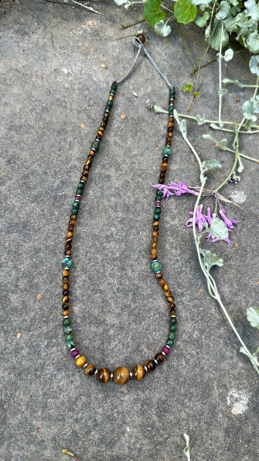 African turquoise necklace with Tiger eye center and Ruby