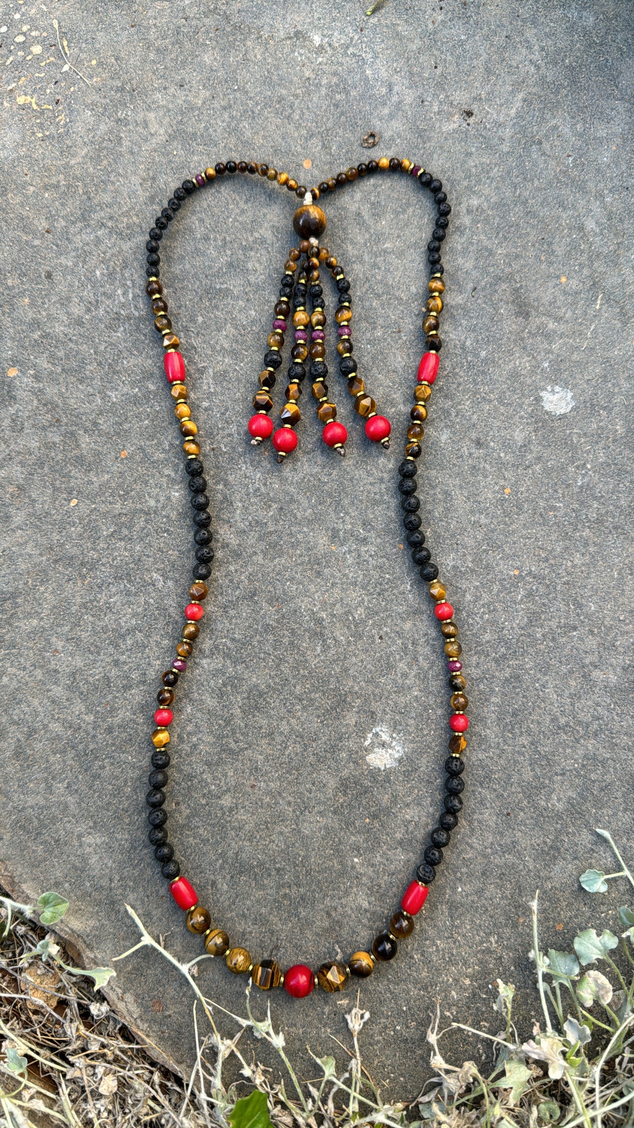 Long Tiger eye & Coral Mala Neklace with Tassel