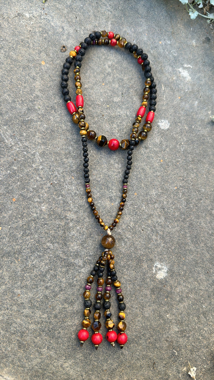 Long Tiger eye & Coral Mala Neklace with Tassel