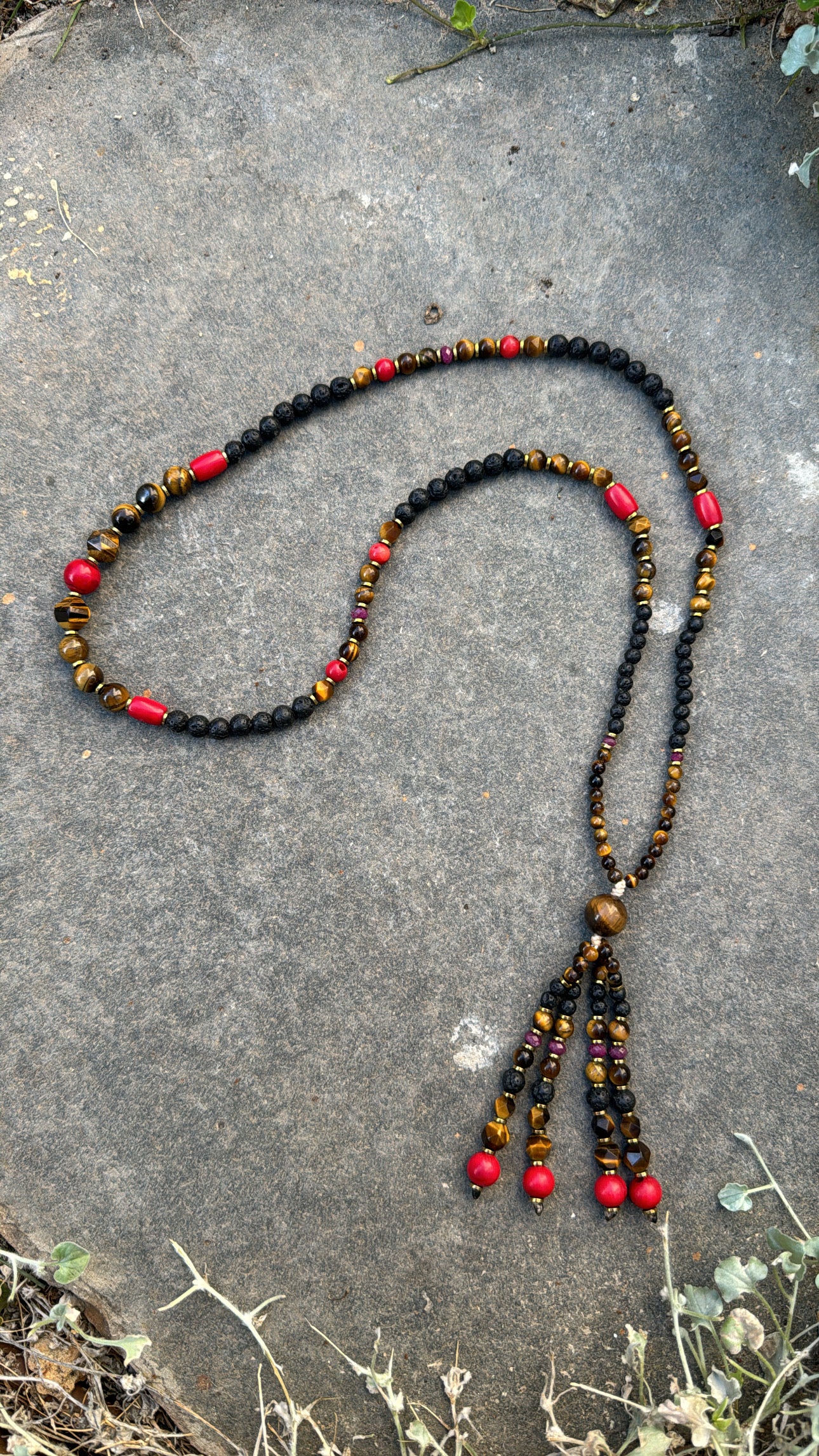 Long Tiger eye & Coral Mala Neklace with Tassel